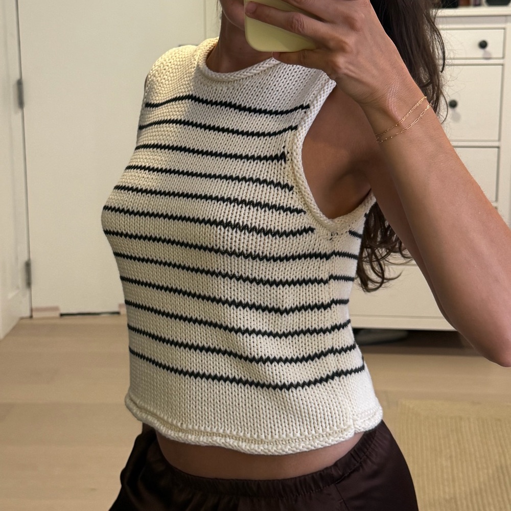 Zara White Knit Roll-neck Striped Tank